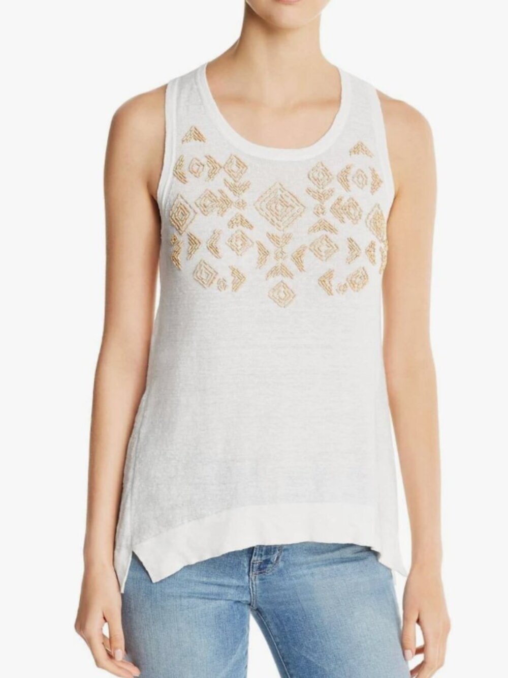 Donna Karan Women's Beaded Linen Tank Top bohemian natural beads sleeveless NWT